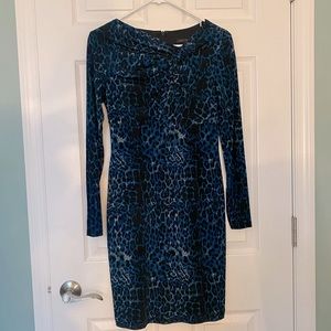 David Meister blue cheetah animal print long sleeve lined silk mini dress